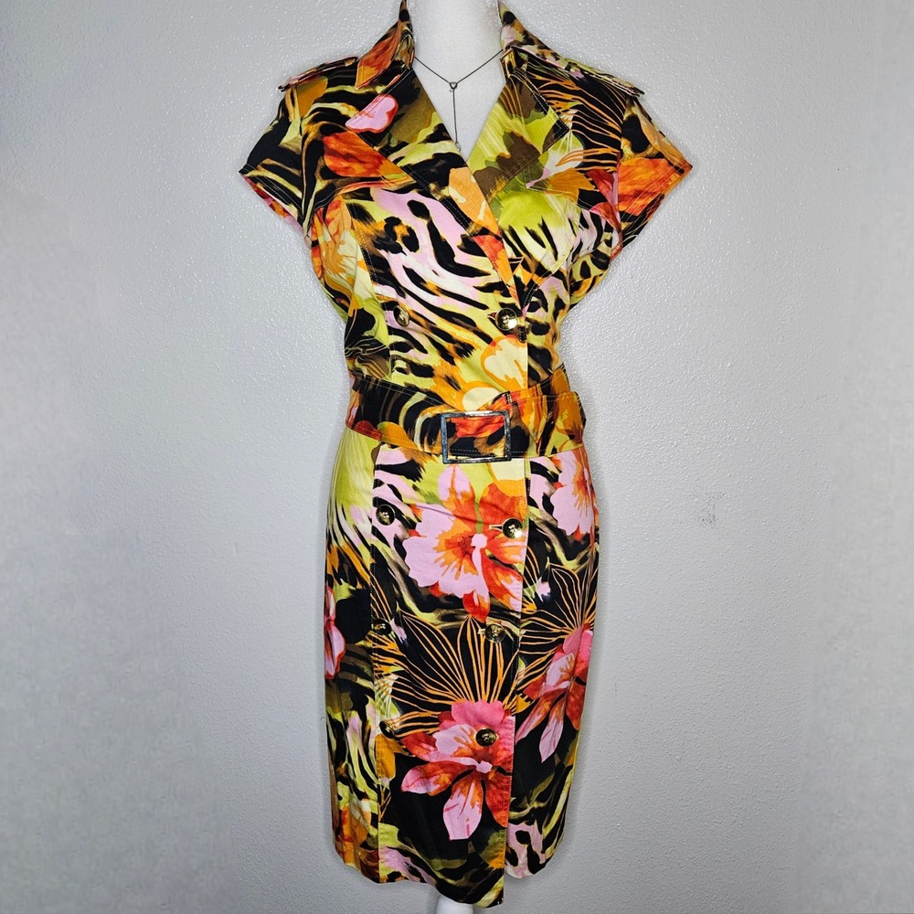 Cache Womens Tropical Floral Leopard Print Belted Trench Sheath Dress